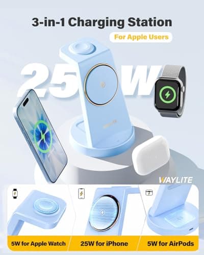 3 in 1 Fast Charging Station for iPhone, 25W Wireless Magnetic Phone Charger for iPhone 17 16e 16 15 14 13 12 Series, Watch Charger Stand, Wireless Charging Station for AirPods 4 3 Pro, Blue view 3