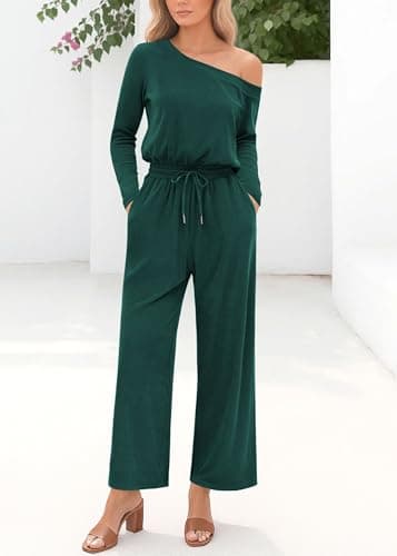 Lazysmile Jumpsuits For Women Dressy Long Sleeve Off Shoulder One Piece Wide Legs Rompers Casual Fall Outfits with Pockets view 3