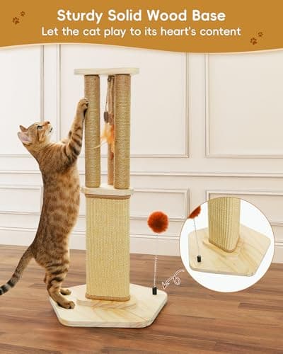 Cat Scratching Post, 26.3 Inch Scratch Post for Indoor Cats, Sisal Scratcher Posts for Medium/Small Cat, with Sturdy Wood Hexagonal Base, Silver Vine Feather Toy & Scratch Pad, Kitten Toys view 5