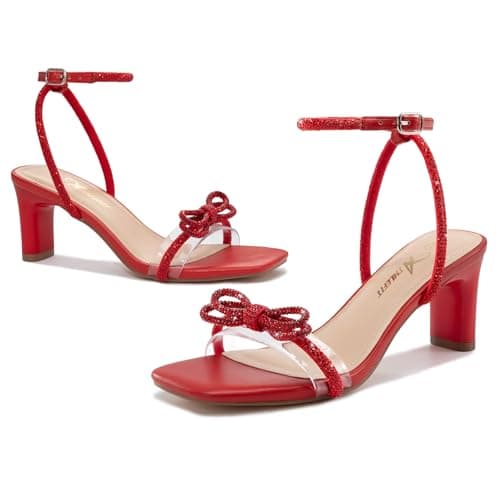 Athlefit Women's Rhinestone Bow Heels Clear Open Square Toe Block Heels Buckle Heeled Sandals for Party Wedding view 5