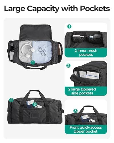 BAGSAMRT 60L Foldable Duffle Bag for Travel, Large Travel Duffel Bag for Men, 4 in 1 Travel Backpack, Carry on Weekender Bag, Black view 4