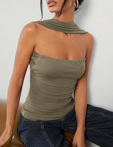 ACCPUR Ruched Strapless Halter Tube Top for Women Sexy Open Back Slim Fit Bandeau Shirt Sleeveless Off Shoulder Tank Clubwear view 3
