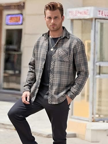 BAYAMO Men's Flannel Button Down Shirt Casual Plaid Long Sleeve Fall Jacket Lightweight Soft Tops with Pockets Grey XL view 5