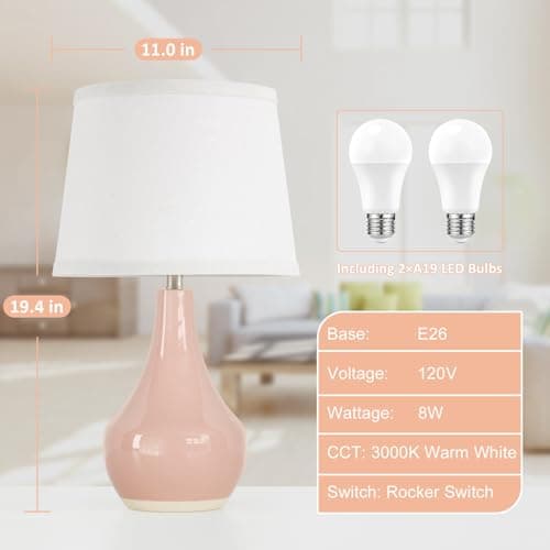 Seealle Modern Pink Table Lamps Set of 2 - Bedroom Lamps for Nightstand,19.4" Bedside Pink Lamp for Girls Room Living Room with Rocker Swtich view 5