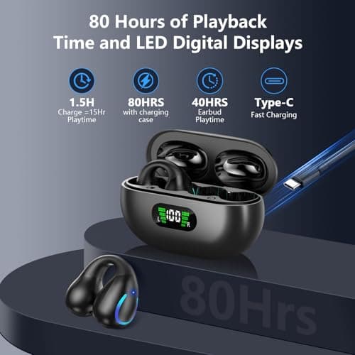 dufiga Ultra Open Ear Headphones Bluetooth 5.3 Wireless Bone Conduction Clip On Earbuds with Digital Display Charging Case 60 Hours Playtime Sport Earphones IPX7 Waterproof for Running Fitness Black view 2