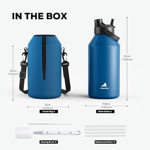 POWCAN 64 oz Insulated Water Bottle with 2-in-1 Straw Spout Lid, Leakproof, Carrier Bag, Shoulder Strap, Keep Cold 48H, Half Gallon Stainless Steel Water Jug for Men, Sports, Camping, Fitness (Indigo) view 4