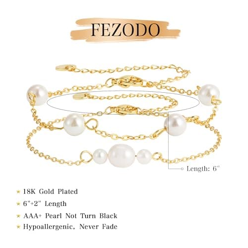 Fezodo Pearl Bracelets for Women, Dainty 18K Gold Plated Pearl Beaded Bracelet Stack Trendy Thin Link Chain Charm Bracelets Set Wedding Bridesmaid Mother Gifts Jewelry for Women view 5
