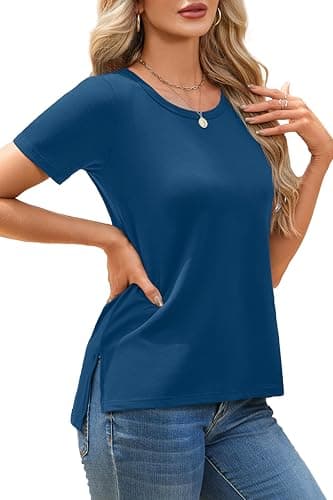 Herou Summer Women Casual Short Sleeve Tops T-Shirts Tees with Side Split — image 1