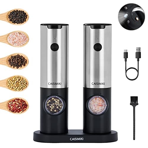 CAISIMIKI Electric Salt and Pepper Grinder Set Rechargeable Automatic Pepper Mill Grinder Stainless Steel Kitchen Gadgets Adjustable Coarseness Shakers, One Hand Operation, 2 Pack — image 1