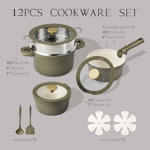 CAROTE Ceramic Saucepan Set 5.5QT/3QT/2QT，Nonstick Cooking Pots Set with Detachable Handles，Non-toxic Stock Pots with Lid，Induction Comptable，PFAS and PFOA Free，Olive Green view 3