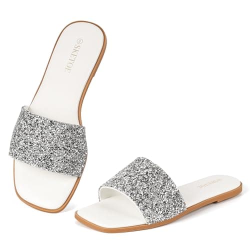 SKETOE Womens Sparkly Rhinestone Sandals Square Open Toe Sandal Slip on Summer Flat Sandals for Beach Wedding Holiday Shopping view 4