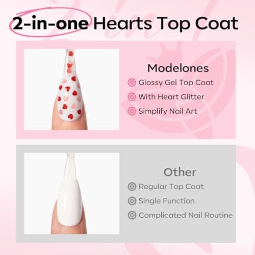 modelones Heart Glitter Gel Top Coat, 15 ML 2 in One No Wipe Clear Gel Nail Polish Red Pink Color Reflective Hearts Sequins Glossy Shine Long Lasting Soak Off Manicure Gift for Women view 3