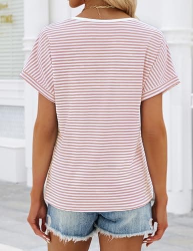 JUSTFASHIONNOW Womens Striped Henley T Shirts Short Sleeve V Neck Summer Tops 2026 Button Front Dressy Casual Blouses view 5
