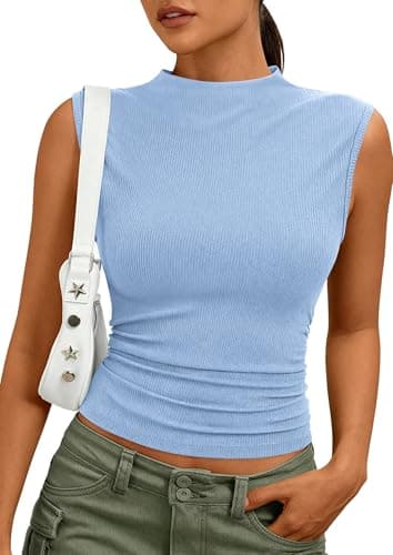 PRETTYGARDEN Sleeveless Tops for Women Ribbed Mock Neck Tank Top Slim Fitted Ruched Basic Layering Shirts 2026 Summer Clothes — image 1
