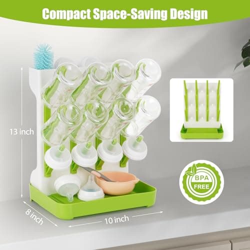 Flysich Baby Bottle Drying Rack, 2PCS Space Saving Baby Bottle Organizer for Countertop, Vertical Bottle Dryer Holder with Brushes Holder, Large Bottle Storage Holder 12 Bottles & Baby Accessories view 3