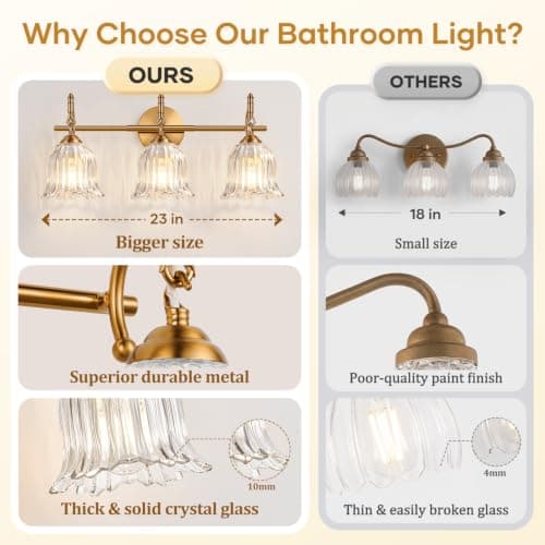 3-Light Bathroom Vanity Light for Bathroom, Brushed Gold Bathroom Light Fixtures with Ribbed Clear Bellflower Glass Shade, Vanity Lighting Fixtures Over Mirror for Bedroom Living Room Hallway Cabinet view 2
