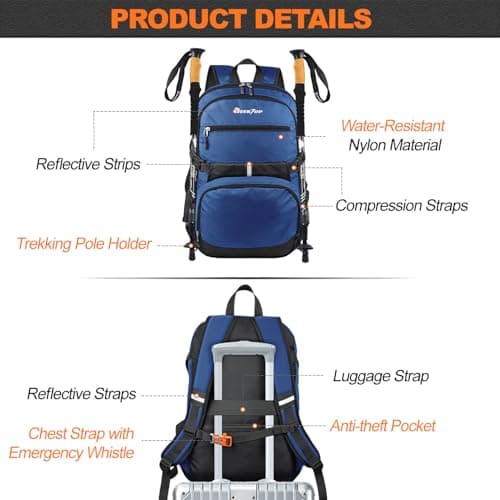 Seektop Lightweight Travel Backpack for Men Women, Multiple Pockets 40L Hiking Backpack Foldable Carry on Backpack for Outdoor Camping Sport Leisure (Blue) view 5