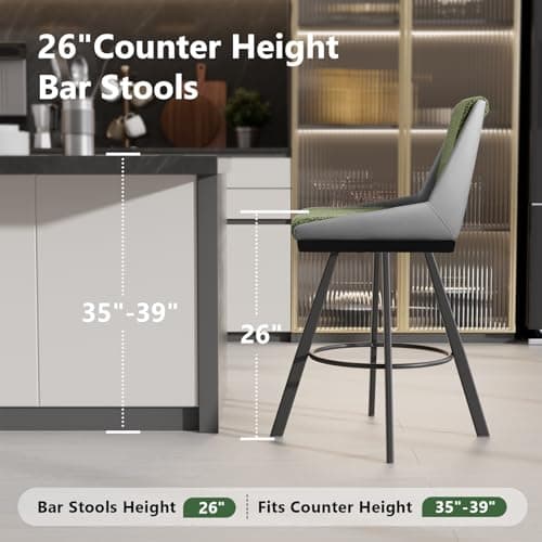 Ollega Bar Stools Set of 2, 26" Counter Height Bar Stools, Upholstered Swivel Barstools with Backs, Loop Yarn Fabric&Pu Leather, Metal Legs for Kitchen Island, Green&Gray view 5