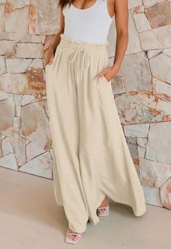GUOLEZEEV Women Wide Leg Pants High Waisted Beach Pants Long Culottes Trendy Flowy Pants with Pockets view 2