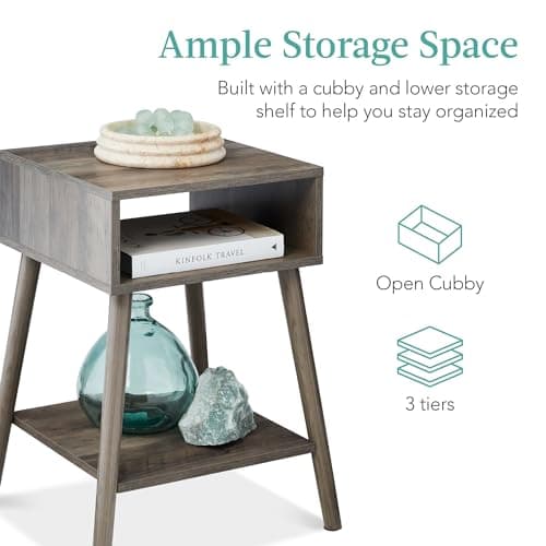 Best Choice Products Mid-Century Modern End Table Set of 2, Side Accent Furniture for Living Room, Den, Sitting Room, Space Saving w/Cubby Storage, Lower Shelf, Pine Wood Legs - Gray Oak view 5