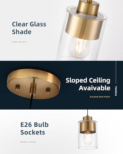 puncoll Gold Pendant Lights Kitchen Island - Hanging Lights Fixtures with Dual Shade - Clear Glass Modern Kitchen Pendant Lighting Over Island, H2514-BG view 5