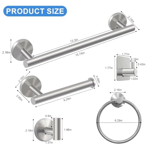 8-Piece Bathroom Hardware Set, Brushed Nickel, SUS304 Stainless Steel, Includes 16" Towel Bar, Toilet Paper Holder, Towel Hooks, Towel Racks for Bathroom (11 PSC Silver) view 3