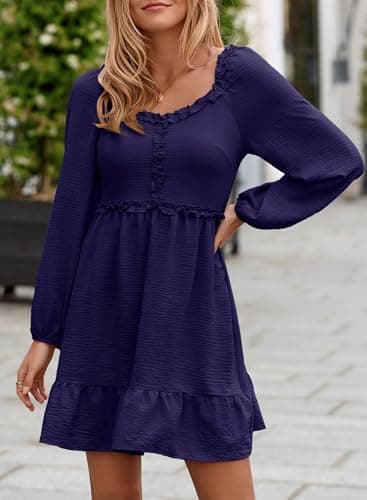 Dokotoo Womens Dresses 2026 Long Sleeve Empire Waist Ruffle Smocked Casual Mini Dress view 3