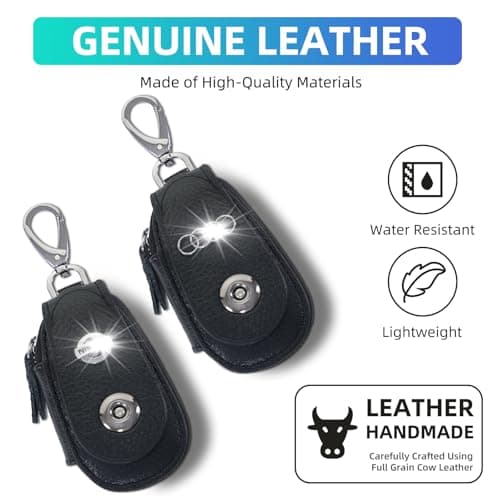 SKvoen Black Genuine Leather Car Key Pouch Fob Case for Universal Car Keys Cover, Key Chain Keychain Holder Metal Hook and Keyring Zipper Bag for Remote Key Fob view 5