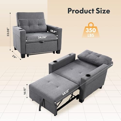 FLEXISPOT XCT2 Sleeper Chair Bed, Sofa Bed Chair 3 in 1 w/USB Port, Pillow, Cup Holders, Convertible Pull Out Bed W/Adjustable Backrest for Living Room Apartment Small Space, Grey view 2