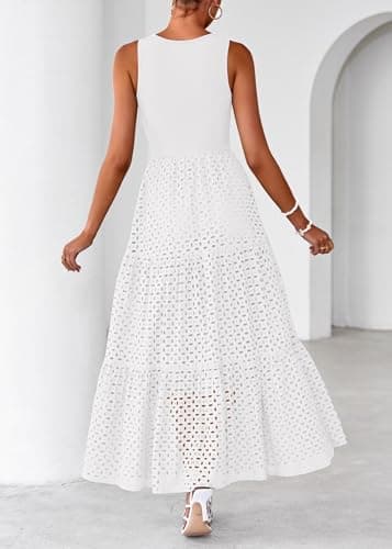 Lazysmile Womens Summer Dresses Crewneck Sleeveless A-Line Hollow Out Eyelet Tiered Tank Maxi Dress Sundress with Pockets view 2