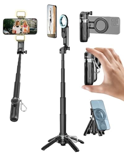 USKEYVISION Magnetic Pocket Selfie Stick for iPhone with Light for MagSafe 4 in 1 Portable Pocket Phone Tripod for iPhone & Android W/Rechargeable Remote, Removable Phone Clip, Video Recording(MPT-02)