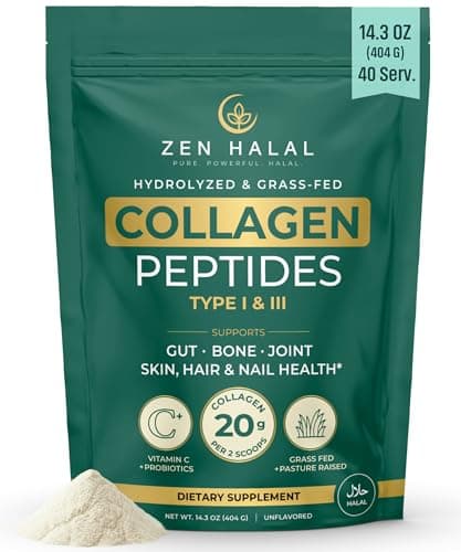 ZEN HALAL Collagen Powder with Vitamin C & Probiotic (18g Protein) Pure Grass Fed Halal Collagen Peptides for Women - Unflavored & Hydrolyzed Bovine Type I & III for Skin, Hair, Nails, Joints and Gut
