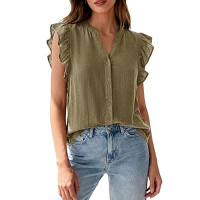 Zenlonr Womens Short Ruffle Sleeve Shirts V Neck Button Down Shirt Solid Color Going Out Spring Tops