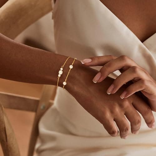 Fezodo Pearl Bracelets for Women, Dainty 18K Gold Plated Pearl Beaded Bracelet Stack Trendy Thin Link Chain Charm Bracelets Set Wedding Bridesmaid Mother Gifts Jewelry for Women view 4