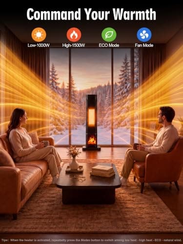 Uthfy Space Heaters for Indoor Use, 1500W Electric Room Heater for Large Room with Thermostat, 120° Oscillation&Child Lock, 24H Timer,3 Color 3D Flame,Dust Filter,ECO,Portable Tower Heater view 6