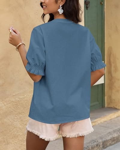 BTFBM Women's 2026 Spring Tops Casual Floral Boho V Neck Puff Short Sleeve Button Down Shirts Embroidered Blouses Tunic view 3