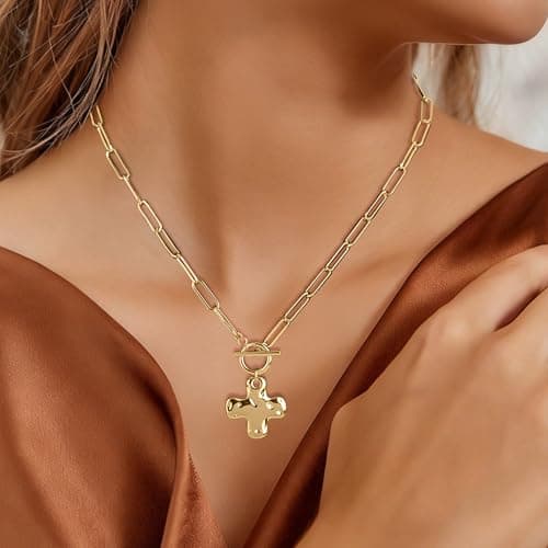 Punhem Chunky Gold Necklace for Women - 14K Gold/Silver Plated Trendy Dainty Non Tarnish Thick Chain Statement Charm Necklace with Vintage Toggle Clasp Fashion Jewelry Set Gift view 2