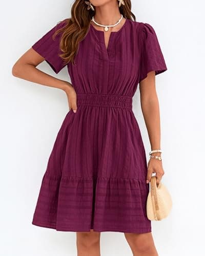 BTFBM Womens Spring 2026 Casual Mini Dresses Lightweight Short Sleeve V Neck Elastic Waist Cute Boho Beach Dress Pockets view 5