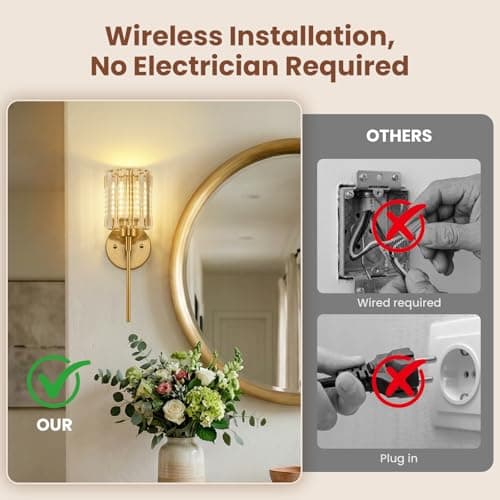 Crystal Battery Operated Wall Sconces, Brushed Gold Rechargeable Wireless Wall Sconce Lights with Dimmable Bulbs and Remote, 12 Colors and 3CCT Dimmable Crystal Lamps for Living Bedroom, 3000~6000K view 4