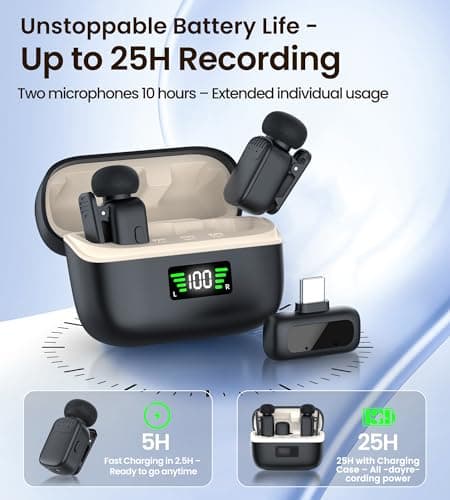 Sunnymark Mini Wireless Lavalier Microphone for iPhone/Android/PC with USB-C Plug, Noise Reduction, 25H Battery Life with Charging Case, Plug & Play, Tiny Mics for Vlogging & Podcast view 6