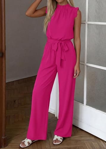 KIRUNDO Jumpsuits For Women Dressy Summer One Piece Sleeveless Ruffle Mock Neck Belt Pockets Formal Wide Leg Pants Romper view 5