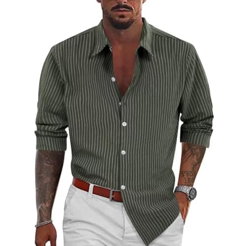 BAYAMO Men's Button-Down Striped Shirts Casual Long Sleeve Cotton Linen Collared Shirts Fashion Business Dress Shirt view 2
