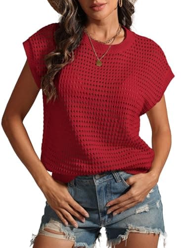 ATHMILE Womens Spring Tops Summer Shirts Beach Vacation Crochet Cap Sleeve Knit Sweater Pullover Cute Fashion Clothes view 1