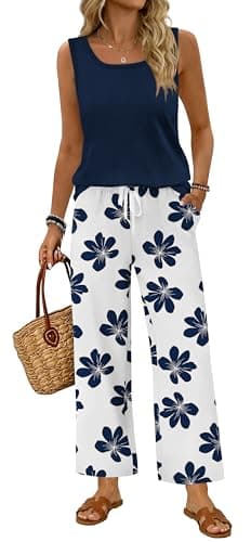 WIHOLL Two Piece Sets for Women Summer Spring Outfits Tank Square Neck Sleeveless Travel Vacation Lounge Wide Leg Pants Set — image 1