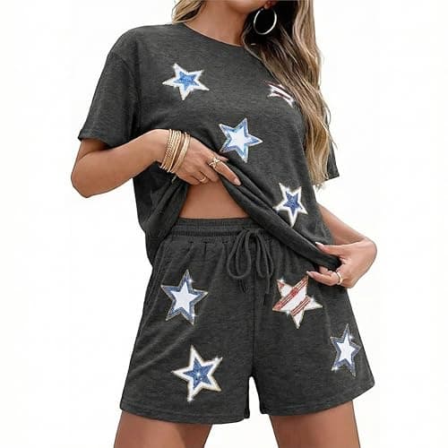 MYHALF 4th of July Sets for Women Sequin Star Graphic Shirt and Shorts Patriotic Outfits 2 Piece Short Sleeve Lounge Set — image 1