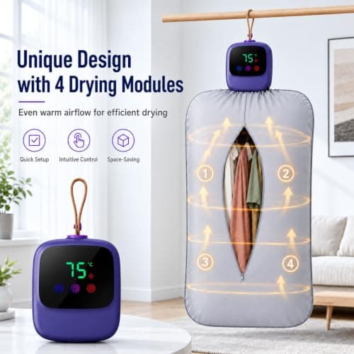 Portable Clothes Dryer: Travel Dryer 100-240V Travel Dryer, 36dB Quiet | 100–240V global voltage, 1.38 lb compact body, 4 drying modules; dries 6–10 garments for travel and small spaces. view 5