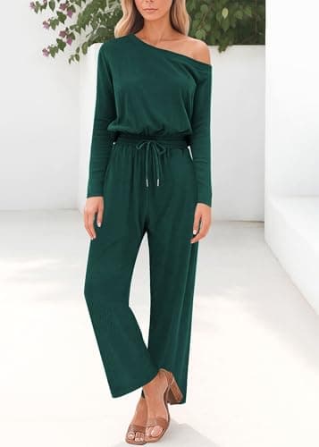 Lazysmile Jumpsuits For Women Dressy Long Sleeve Off Shoulder One Piece Wide Legs Rompers Casual Fall Outfits with Pockets view 5