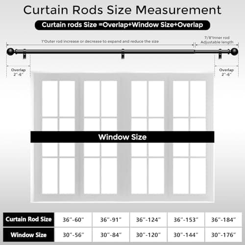 Wolistsa Curtain Rods 36-91 Inch, Black 1 Inch Adjustable Heavy Duty Curtain Rods for Windows, Decorative Modern Window Treatment Rod, Telescopic Splicing Metal Drapery Pole, Easy Installation view 3