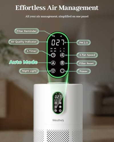WESTHEY Air Purifiers for Home Larger Room with Washable Filter Auto Mode | H13 HEPA Air Purifier, Aromatherapy Diffuser, Sleep & Auto Mode, Night Light, Timer for Wildfire Smoke Dust Pollen Pets Hair view 4