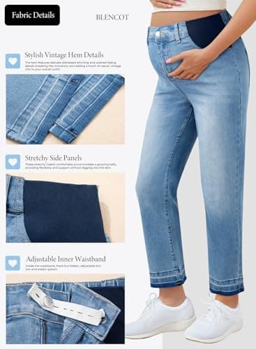 BLENCOT Women Maternity Jeans High-Rise Elastic Waist Pregnancy Pants Work Straight Leg Jean Pockets S-2XL view 5